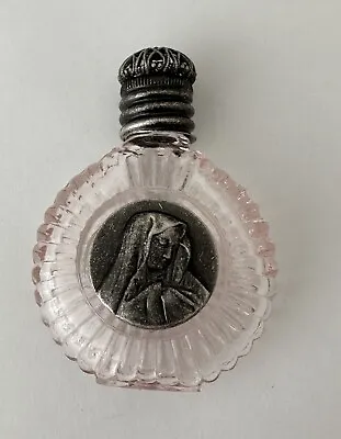 Holy Water Bottle-pink Glass -pressed Motif Of Madonna-antique Silver • $12