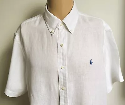 Ralph Lauren White Short Sleeve Linen Shirt Size XL  P2P 26  Classic Fit • £19.99