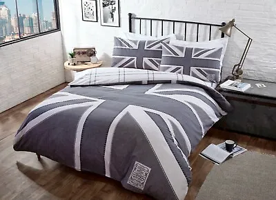 Union Jack Duvet Cover Grey Denim Reversible Printed Quilt Cover Bedding Set  • £16.99