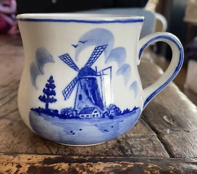 Vtg Delft Blue Coffee Cup Holland Hand Painted Windmill Floral Tea Mug White • $9.99