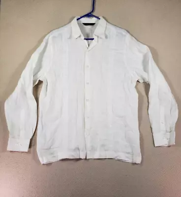 Abito Shirt Mens Medium White Linen Collared Button Up Long Sleeve Embroidered • $8.98