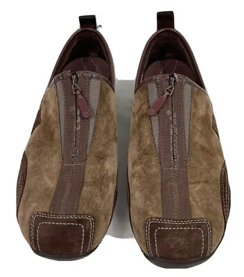 Merrell Barrado Leather Mocs Womens Size 9M Brown Nubuck Barefoot Zipper Flats • $10.49