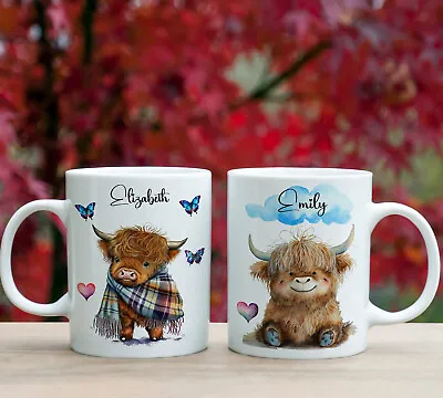 Cute Personalised Highland Cow Mug 2 Designs Optional Coaster Ladies Girls Gift • £11.99