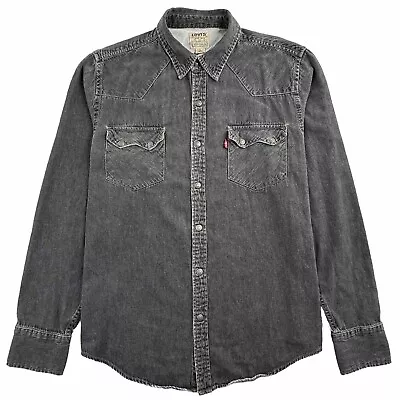 Levis Men’s L Longhorn Sawtooth Metal Snap Denim Shirt Black Pockets Vintage LVC • $69.95