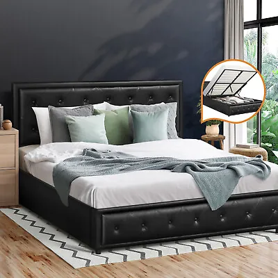 Oikiture Bed Frame Queen Double King Single Size Gas Lift Base W/ Storage Black • $319.90