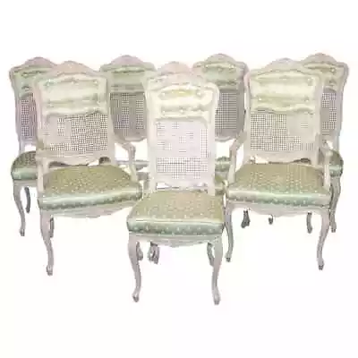 Set 8 Painted Green Upholstered Cane French Louis XV Tall Back Dining Chairs • $2605.50