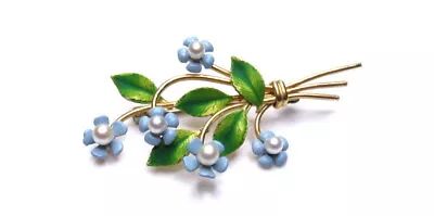 Vintage Krementz Flower Brooch Cultured Pearl Enameled 14k Overlay In Box  • $74.99