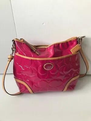 Coach Peyton Bright Magenta Pink Patent Leather BagTan Leather Trim And Handles • $29.13