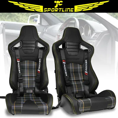 Universal Adjust Racing Seat Dual Slider PU&Carbon Yellow Plaid & Buckle Belt X2 • $399.99