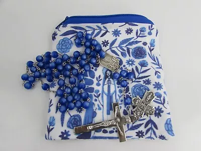 Vintage Catholic Rosary Moonglow Lucite Blue Beads Sterling Silver/Fabric Pouch • $70