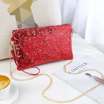 Women Sequins Evening Bag Clutch Handbag Purse Chain Shoulder Cross Body Bags • £6.99