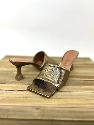 Vicenza 9 /40 Square Toe Mule Leather Gold Metallic Anthropologie Heel Euc $160 • $110