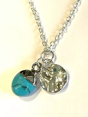 Silver Hammered Disc And Turquoise Gemstone Nugget 925 Silver Necklace • £14.99