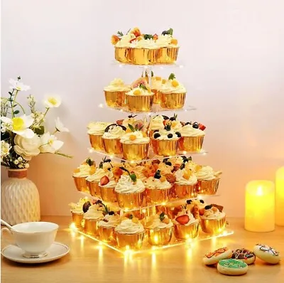 5 Tier Lighted Acrylic Cupcake Stand Dessert Tower For 56 Cupcakes. • $15