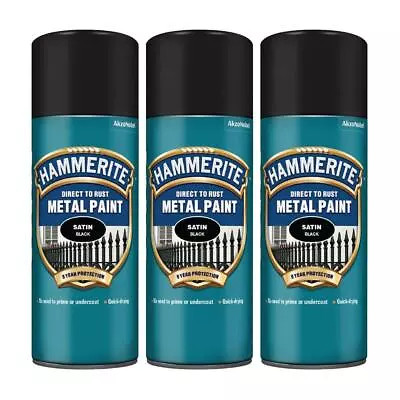 3x Hammerite Direct To Rust Satin Black Aerosol Quick Drying Spray Paint 400ml • £32.99