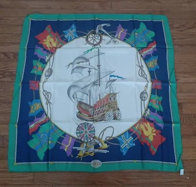 Vintage Gucci Pirate Ship Silk Scarf Green Border 33”x 33   Unused Ref928 • $99.99