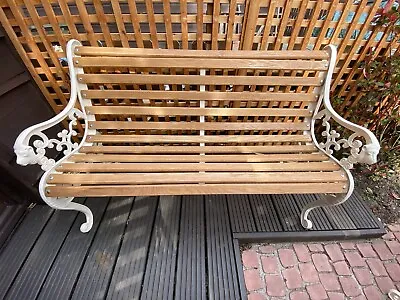 £335 • Buy Vintage Lionhead Cast Iron 2 Seater White Traditional Bench With Oak Slats