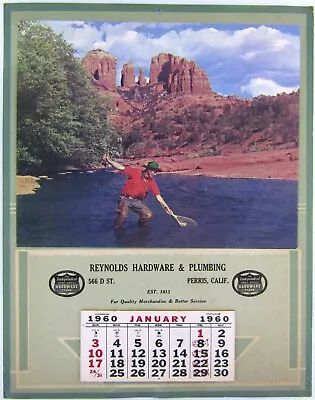 Vtg 1960 Local Hardware Association Wall Calendar Man River Fishing 13x10.5 • $13.30