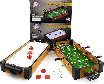 Deluxe Wooden 16  Mini Table Top Air Hockey (Extra Pucks) & Foosball (Soccer) (E • $60.39