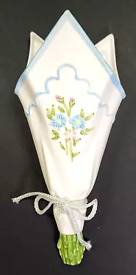 Vintage 1980s Embroidered Design Handkerchief Ceramic Flower Wall Pocket Vase • $15.43