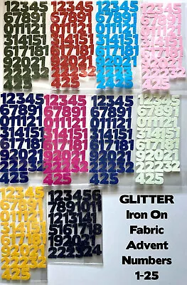 Advent - Iron On Die Cut FABRIC NUMBERS - GLITTER - 1-25! Apx 3/4  (0.75) Inch • £4.50