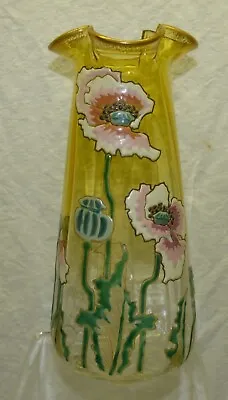 Antique Mont Joye Legras Enameled Poppy Flower 10  Glass Vase Art Nouveau France • $298