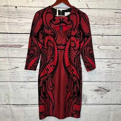 Beige By Eci Womens Red Black 3/4 Sleeve Round Neck Paisley Sheath Dress Size 6 • $23.99