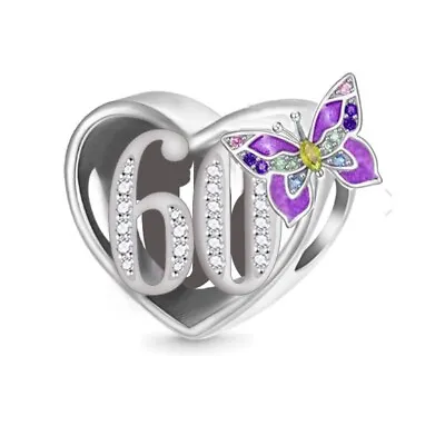 60 60th Birthday Butterfly Heart Charm 🌺 925 Sterling Silver Gift • £16.99