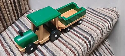 Used Wooden Green Tractor Toy With Trailer - Children Gift • £1.99