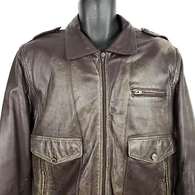 Vintage 80s Brown Leather Bomber Flight Jacket Size L Military • $86.21