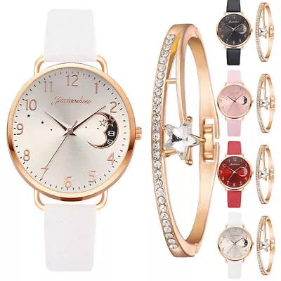 Watch And Bracelet Set Ladies Women Girls Fashion Leather Strap Wristwatch Gift • $14.49