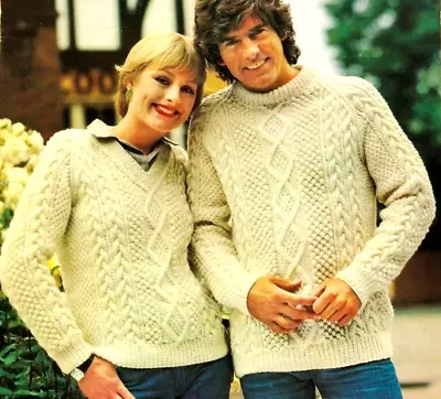 KNITTING PATTERN MENS WOMENS LADIES ARAN CABLE JUMPERS Pattern 34 - 44    105A • £2.15