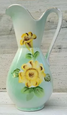 VTG Ucagco Light Green Yellow Floral Pitcher Vase 1950s Gold Trim 8” Porcelain • $15.97