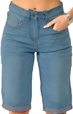 £13.95 • Buy Womens Fab Blue Denim Knee Length Shorts High Rise 5 Pockets Faded Ladies Plus