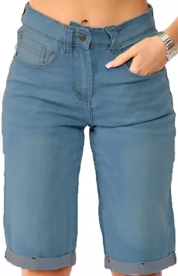 Womens Fab Blue Denim Knee Length Shorts High Rise 5 Pockets Faded Ladies Plus • £11.16