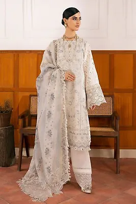 Pakistani Designer Embroidered White Lawn Cotton Suit Unstitched Shalwar Kameez • £39.99