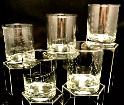 Multi-Motif Double Old Fashioned Glasses Tumbler FIVE (5) Cheers Style Unmarked • $26