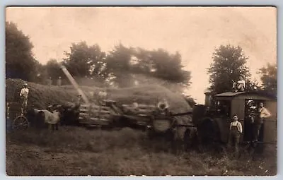 Piper City Illinois~Farmers Threshing~Steam Tractors~Hay Mound~1907 RPPC • $22