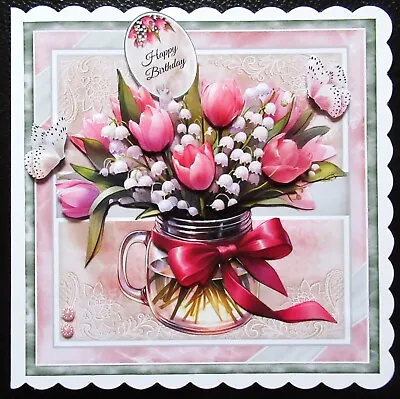 Handcrafted 3d Greetings Card  Birthday Tulips & Lily Of The Valley • £3.85