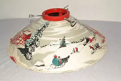 $59.99 • Buy 50s Vtg COLORAMIC Tin Litho Christmas Tree Stand Snowy Barn Lithograph Scene MCM
