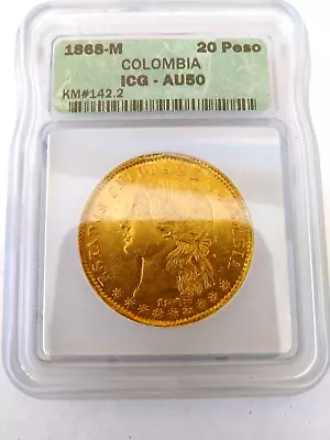 1868 COLOMBIA MEDELLIN LIBERTY 20 PESOS GOLD COIN 32 Grs. • $8499