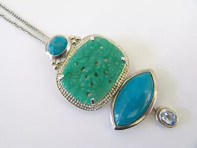 AKR Amy Kahn Russell Sterling Silver Aventurine Turquoise Pendant Pin Necklace • $390.09