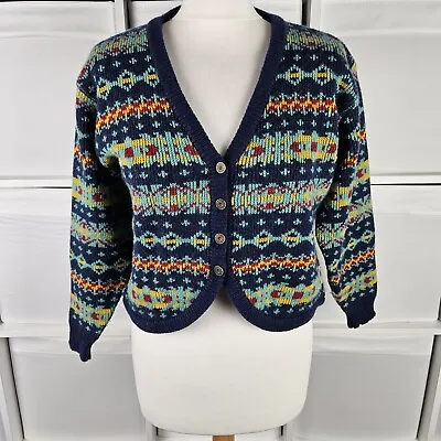 Vintage Dilemma Fairisle Cardigan Size 10 To 12 Wool Blend Navy Green Red Crop • £18.99