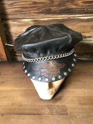 Vintage Harley Davidson Cycle Leather Captain's Cap Hat With Chain USA • $100