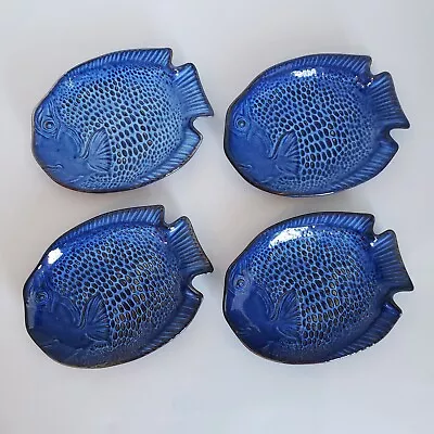 4 Uttermost Kotobucki Fish Plates 6  Cobalt Blue Hand Glazed Textured Japan • $45