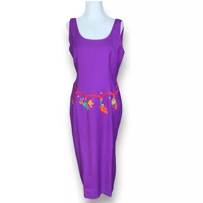 Vintage Deborah Laws Dress Purple Mexican Fiesta Embroidered Linen Blend Maxi • $74.95