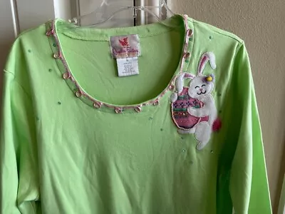 NWOT QUACKER FACTORY 1x GREEN BUNNY SHIRT JERSEY TOP COTTON • $35