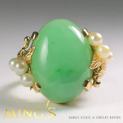 Ming's Hawaii Green Jade Cabochon & Pearl 14k Yellow Gold Ring Size 6.5 • $1800