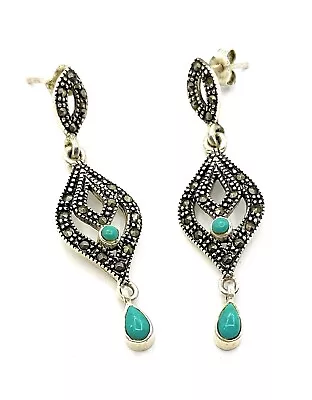 Sterling Silver Marcasite Turquoise Drop Stud Earrings • £9.99