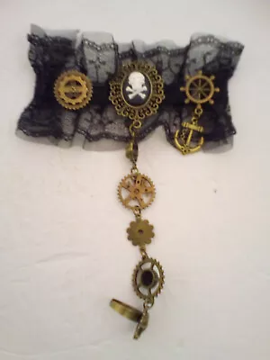 PIRATE LACE CUFF Bronze Black Jolly Roger Skull Adjustable Bracelet Ring Goth R5 • $7.99
